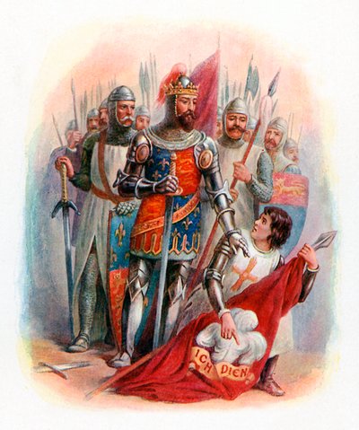 Il Principe Nero trova lo stendardo del Re di Boemia sul campo di battaglia di Crecy da English School