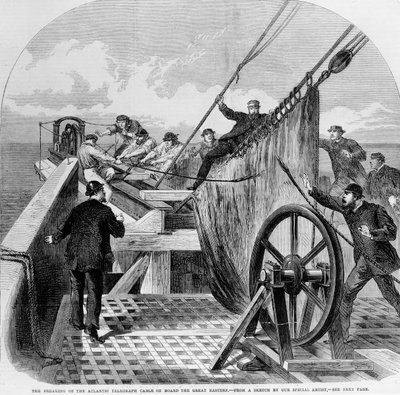 La rottura del cavo telegrafico atlantico a bordo del Great Eastern, 1865 da English School