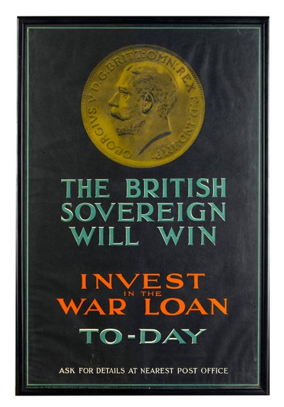 Il Sovrano Britannico Vincera, manifesto di prestito di guerra della Prima Guerra Mondiale da English School