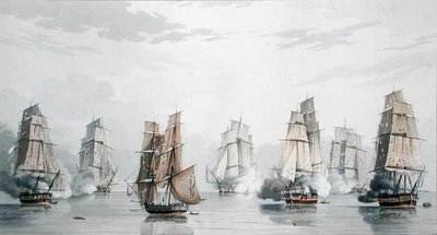 Lo Squadrone Britannico sotto il comando del Capitano Charles Marsh Schomberg e lo Squadrone Francese sotto il comando del Commodoro Roquebert, calmi poco dopo l