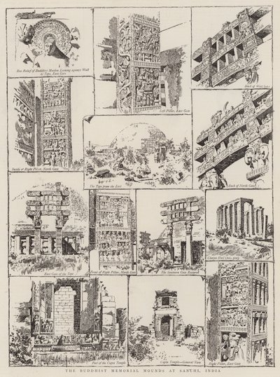 I tumuli commemorativi buddisti a Sanchi, India (incisione) da English School