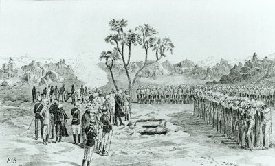 La sepoltura del Generale Earle e dei Colonnelli Eyre e Coveney a Kirbekan, da La Campagna delle Cataratte del Generale William Francis Butler, pubblicato nel 1887 da English School