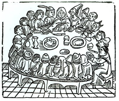 I pellegrini di Canterbury seduti per un pasto condiviso, illustrazione dai 