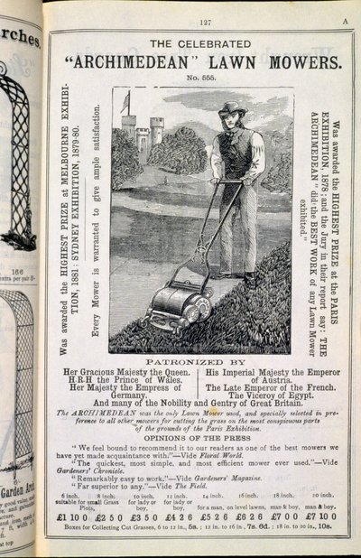 I Celebrati Tosaerba Archimedei, dal Nuovo Catalogo Illustrato di Attrezzi da Giardino, Mobili da Giardino e Requisiti, pubblicato da Wrinch & Sons, 1893 da English School