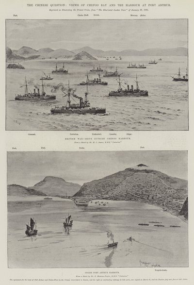 La questione cinese, vedute della Baia di Chefoo e del porto di Port Arthur (litografia) da English School