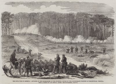 La guerra civile in America, avanzata degli schermagliatori dei Bucktail Rifles sulla posizione confederata a Drainsville, Virginia (incisione) da English School