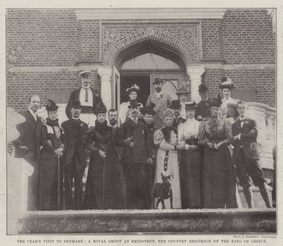 La visita dello Zar in Danimarca, un gruppo reale a Smidstrup, la residenza di campagna del re di Grecia (incisione) da English School