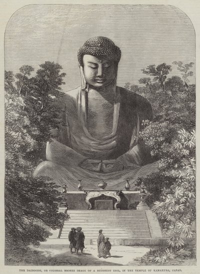 Il Daiboodh, o immagine colossale in bronzo di un idolo buddista, nel tempio di Kamakura, Giappone (incisione) da English School