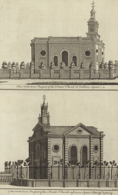 Chiesa dei Danesi in Wellclose Square e Chiesa degli Svedesi in Princes Square, Ratcliff Highway, Londra da English School