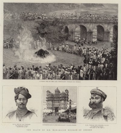La morte di HH Maharajah Holkar di Indore (incisione) da English School