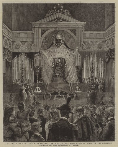 La morte del re Vittorio Emanuele, il corpo del re giace in stato nella Chapelle Ardente del Quirinale, a Roma da English School