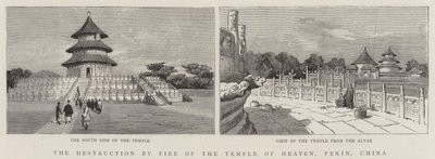La distruzione per incendio del Tempio del Cielo, Pechino, Cina (incisione) da English School