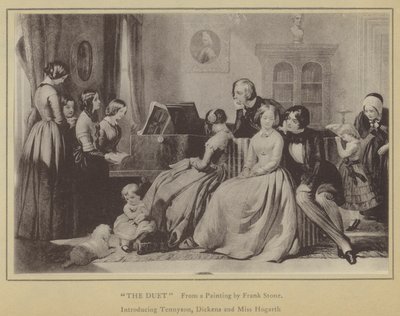 Il duetto, da un dipinto di Frank Stone, con Tennyson, Dickens e Miss Hogarth da English School