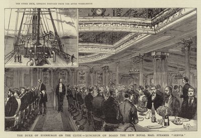 Il Duca di Edimburgo sul Clyde, pranzo a bordo del nuovo piroscafo postale reale "Servia" (incisione) da English School