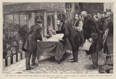 Il Duca di York apre le porte del Royal Eye Hospital, South London, con corrente elettrica dal palco del Surrey Theatre da English School