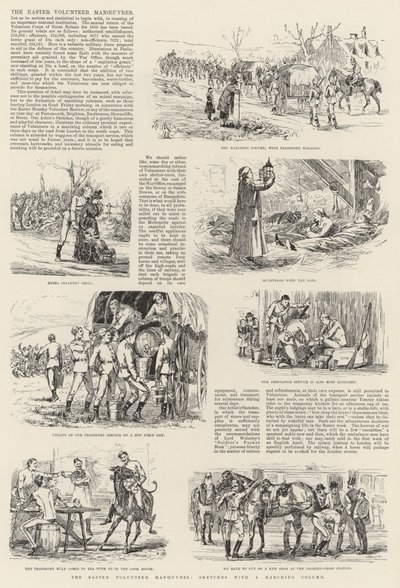 Le Manovre Volontarie di Pasqua, Schizzi con una Colonna in Marcia (incisione) da English School
