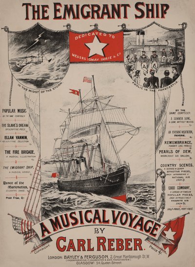 La nave degli emigranti, copertina di spartito musicale vittoriano (litografia a colori) da English School
