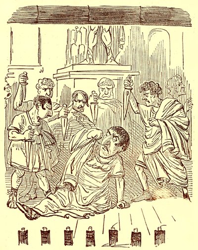 La fine di Giulio Cesare, illustrazione da La Storia Comica di Roma di Gilbert Abbott a Beckett, pubblicata c.1850 da English School