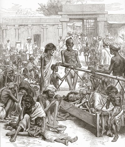 La carestia in India: Nativi in attesa di soccorso a Bangalore, ottobre 1877 da English School