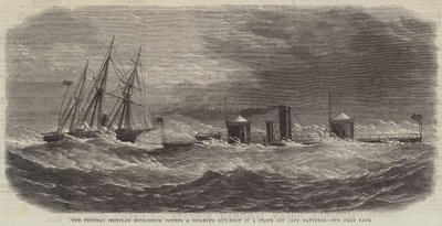 Il corazzato federale Monadnock che rimorchia una cannoniera disabile in una tempesta al largo di Capo Hatteras da English School