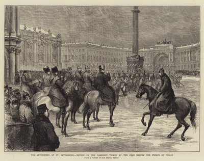 Le festività a San Pietroburgo, revisione delle truppe di guarnigione dallo Zar davanti al Principe di Galles (incisione) da English School
