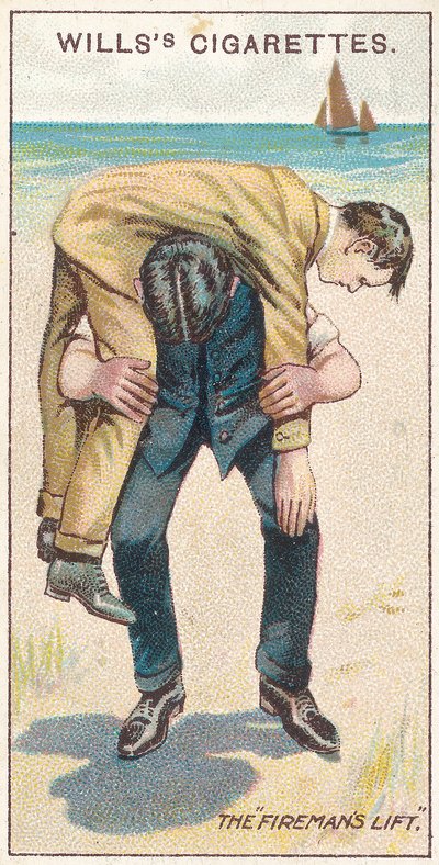 Il sollevamento del pompiere n.1, n.18 dalla serie di carte di sigarette di primo soccorso di Willss, 1913 da English School