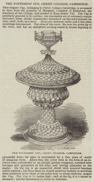 La Coppa della Fondatrice, Christ College, Cambridge (incisione) da English School