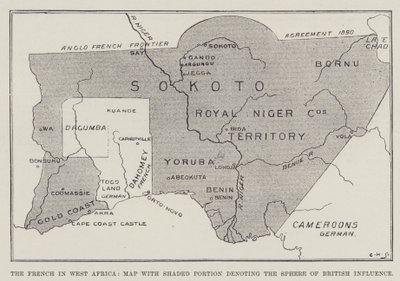 I francesi in Africa occidentale, mappa con la parte ombreggiata che denota la sfera di influenza britannica (litografia) da English School