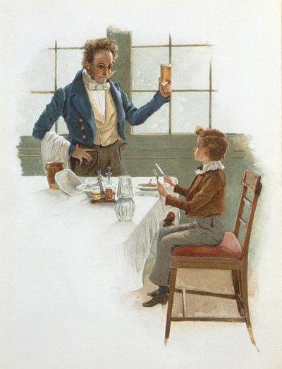 Il cameriere amichevole, illustrazione di David Copperfield (1850) di Charles Dickens (1812-70) da English School