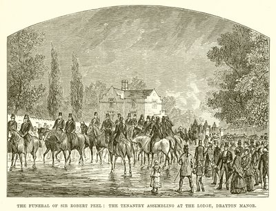 Il funerale di Sir Robert Peel: I fittavoli che si radunano al lodge, Drayton Manor da English School