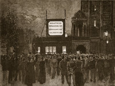 Le elezioni generali del 1892: Annuncio dei risultati al National Liberal Club, illustrazione da Cassells Illustrated History of England da English School