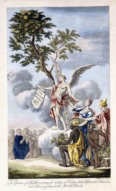 Il Genio della Salute che riceve Europa, Asia, Africa e America e le consegna al Lettore Britannico, 1756-1757 da English School