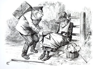 Il viaggiatore commerciale tedesco che ruba quote di mercato al commercio britannico, caricatura da Punch, The London Charivari, 5 settembre 1896 da English School