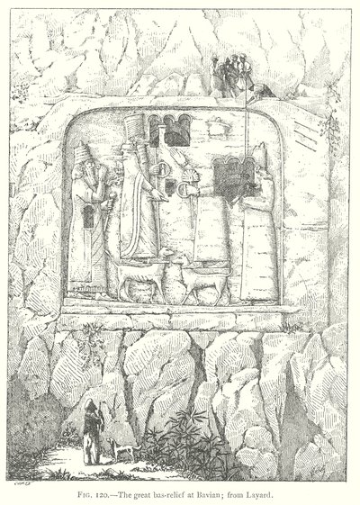 Il grande bassorilievo di Bavian; da Layard (incisione) da English School