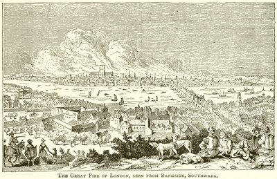 Il grande incendio di Londra, visto da Bankside, Southwark da English School