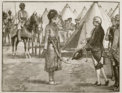 Il Gran Moghul entra nel campo inglese, 1765, illustrazione da Cassells Illustrated History of England da English School