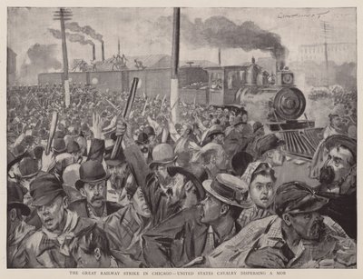 Il grande sciopero ferroviario a Chicago, la cavalleria degli Stati Uniti disperde la folla (litografia) da English School