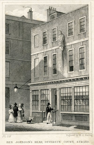 La Grecian Coffee House, Devereux Court, Strand, con un busto di Ben Johnson - Incisione da English School