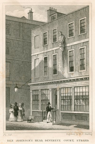 Grecian Coffee House, Devereux Court, Strand, con un busto di Ben Johnson da English School