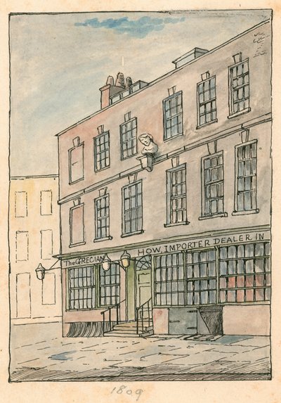 Grecian Coffee House, Devereux Court, Strand, con un busto di Ben Johnson da English School