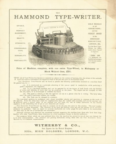 La macchina da scrivere Hammond di Wetherby & Co, High Holborn, Londra da English School