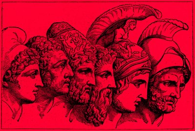 Gli Eroi della Guerra di Troia: Paride, Diomede, Ulisse, Nestore, Achille, Agamennone, illustrazione da La Storia Illustrata del Mondo, pubblicata c.1880 da English School