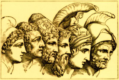 Gli Eroi della Guerra di Troia: Paride, Diomede, Ulisse, Nestore, Achille, Agamennone, illustrazione da La Storia Illustrata del Mondo, pubblicata c.1880 da English School