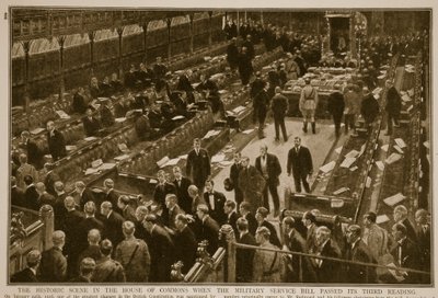 La scena storica alla Camera dei Comuni quando il Military Service Bill passò la sua terza lettura, 1914-19 da English School