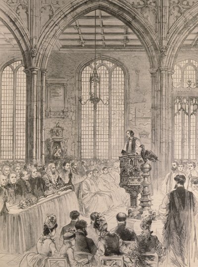 La Camera dei Comuni che partecipa in stato al servizio del Giubileo presso la chiesa di St. Margaret, Westminster, da The Illustrated London News, 28 maggio 1887 da English School