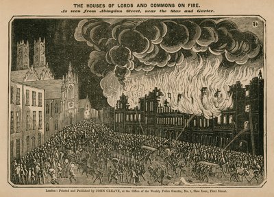 Le Case dei Lord e dei Comuni in fiamme da English School
