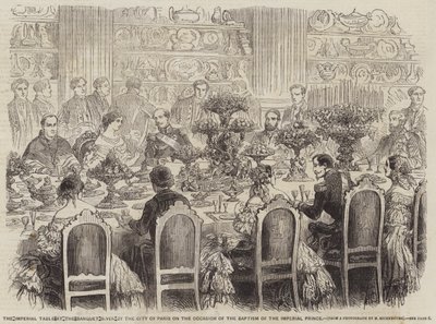 La tavola imperiale al banchetto offerto dalla città di Parigi in occasione del battesimo del Principe Imperiale (incisione) da English School