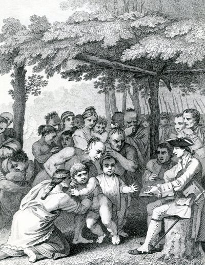 Gli indiani che consegnano i prigionieri inglesi al colonnello Bouquet vicino al suo campo ai Forks of Muskingham in Nord America, inciso da Canot, 1764 da English School