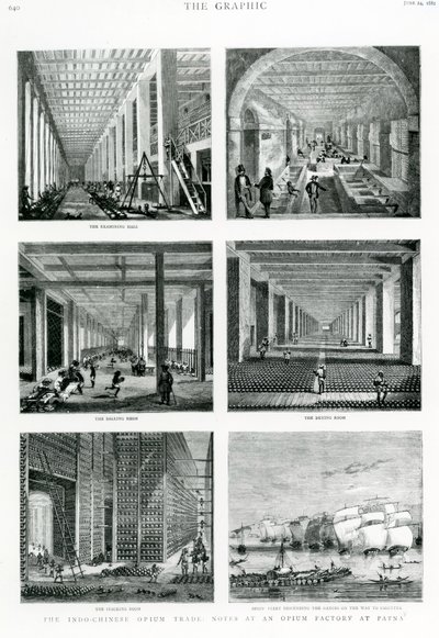 Il commercio di oppio indo-cinese: Note in una fabbrica di oppio a Patna, tratte da The Graphic, 1882 da English School