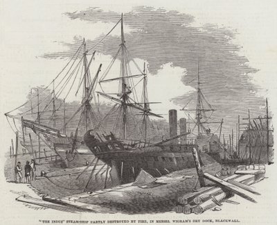 La nave a vapore "The Indus" parzialmente distrutta dal fuoco, nel bacino di carenaggio di Messers Wigram, Blackwall da English School